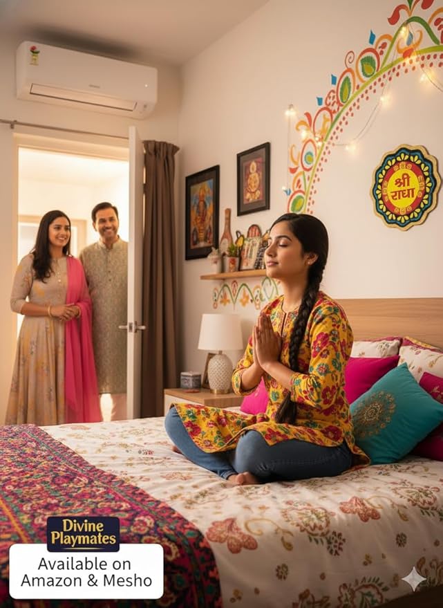 Shri Radha Decorative Wall Sticker 01 | Spiritual Mandala Design | Devotional Wall Art for Study Room, Door, Kitchen & Puja Room | Golden Glitter Finish | Radha Krishna Bhakti Decor Sticker (15x15 cm)