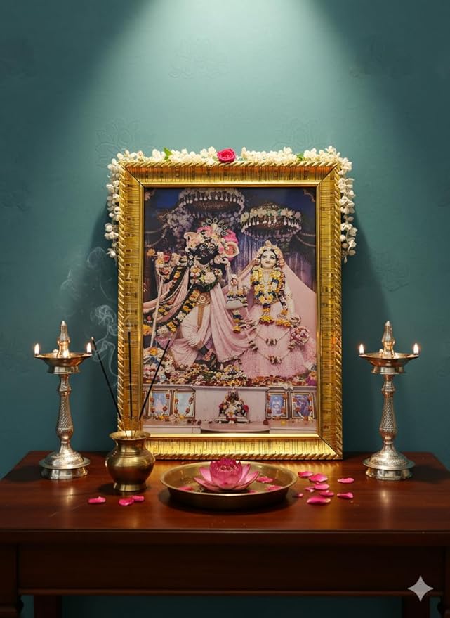 Daily Bhagavatam Divine Radha Krishna Photo Frame, Gold Decorative Frame with Stand, Pink Traditional Art Print for Wall and Table Decor, Hindu Spiritual Gift Brand: Generic