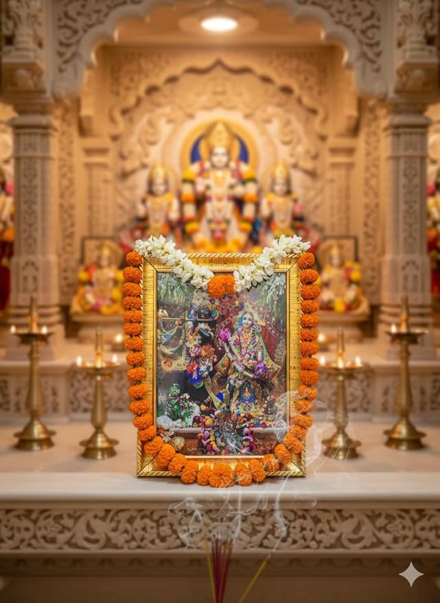 Radha Krishna Vrindavan Dham Wall Frame | Divine ISKCON Style Photo Frame with Golden Border | Vibrant Hindu Religious Art | Spiritual Home Temple & Living Room Decor | 20x15 cm Daily Bhagavatam Wall Art