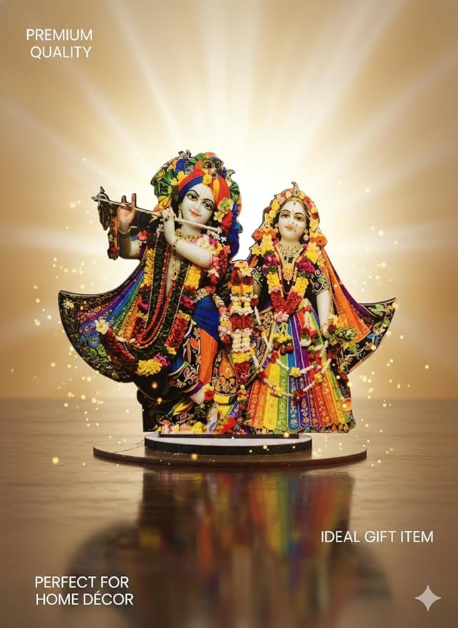 Handmade Radha Krishna Decorative Tabletop | Real Craft Laminated Cardboard Showpiece with Stand | Ideal for Home Temple & Gifting. Brand: Generic