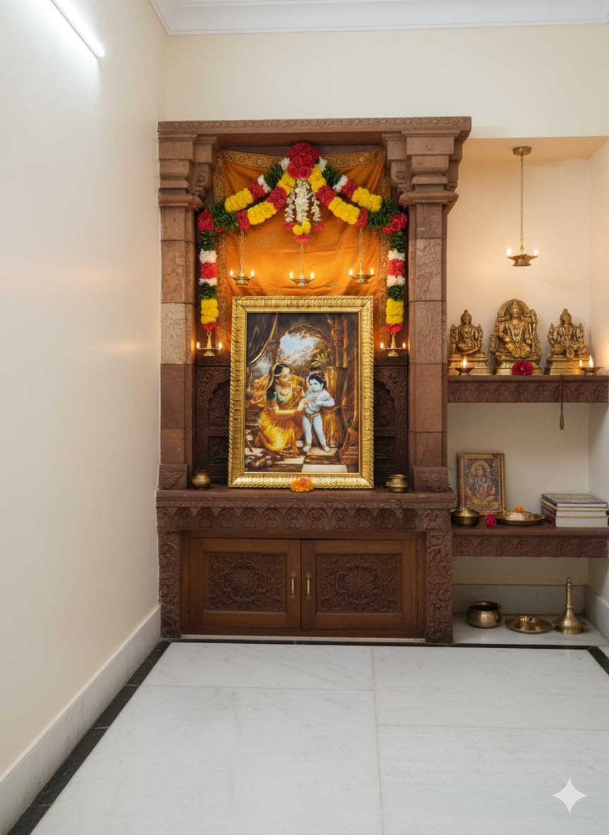 Daily Bhagavatam, Yashoda Damodar Leela Photo Frame, Divine Krishna Love Wall Art, Gold Decorative Frame for Home Temple and Pooja Room, Traditional Spiritual Decor Without Glass