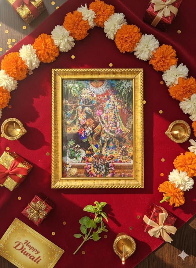 Radha Krishna Vrindavan Dham Wall Frame | Divine ISKCON Style Photo Frame with Golden Border | Vibrant Hindu Religious Art | Spiritual Home Temple & Living Room Decor | 20x15 cm Daily Bhagavatam Wall Art