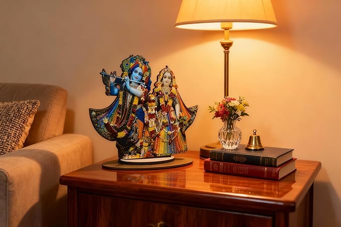 Handmade Radha Krishna Decorative Tabletop | Real Craft Laminated Cardboard Showpiece with Stand | Ideal for Home Temple & Gifting. Brand: Generic