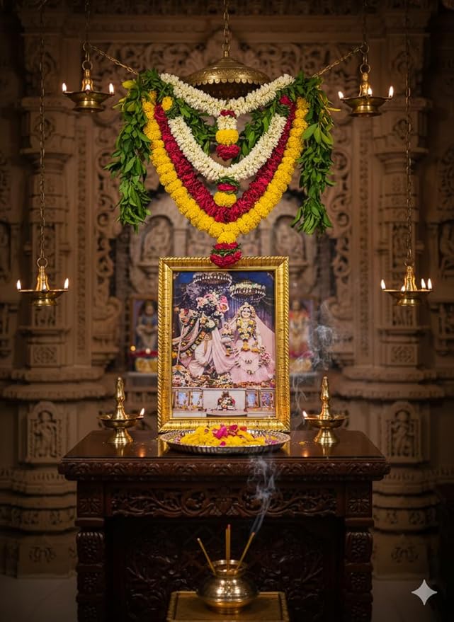 Daily Bhagavatam Divine Radha Krishna Photo Frame, Gold Decorative Frame with Stand, Pink Traditional Art Print for Wall and Table Decor, Hindu Spiritual Gift Brand: Generic