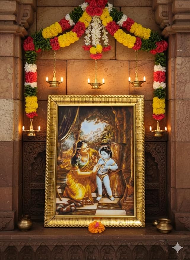 Daily Bhagavatam, Yashoda Damodar Leela Photo Frame, Divine Krishna Love Wall Art, Gold Decorative Frame for Home Temple and Pooja Room, Traditional Spiritual Decor Without Glass