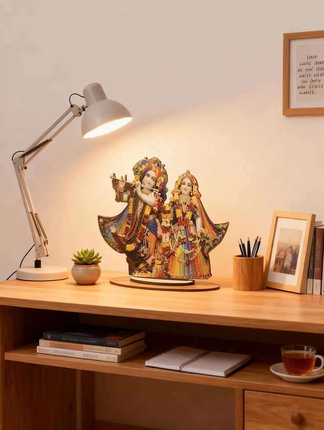 Handmade Radha Krishna Decorative Tabletop | Real Craft Laminated Cardboard Showpiece with Stand | Ideal for Home Temple & Gifting. Brand: Generic