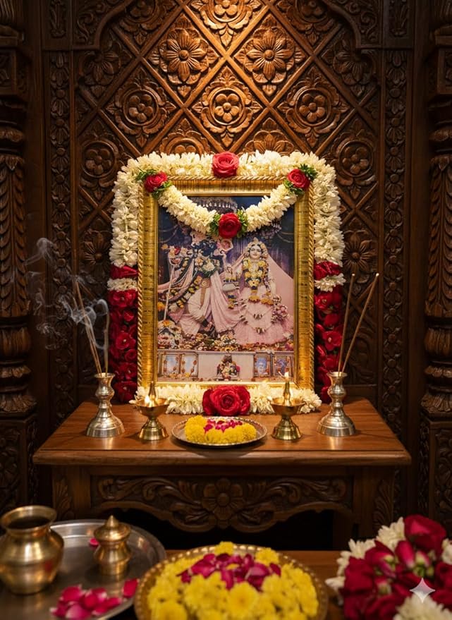 Daily Bhagavatam Divine Radha Krishna Photo Frame, Gold Decorative Frame with Stand, Pink Traditional Art Print for Wall and Table Decor, Hindu Spiritual Gift Brand: Generic