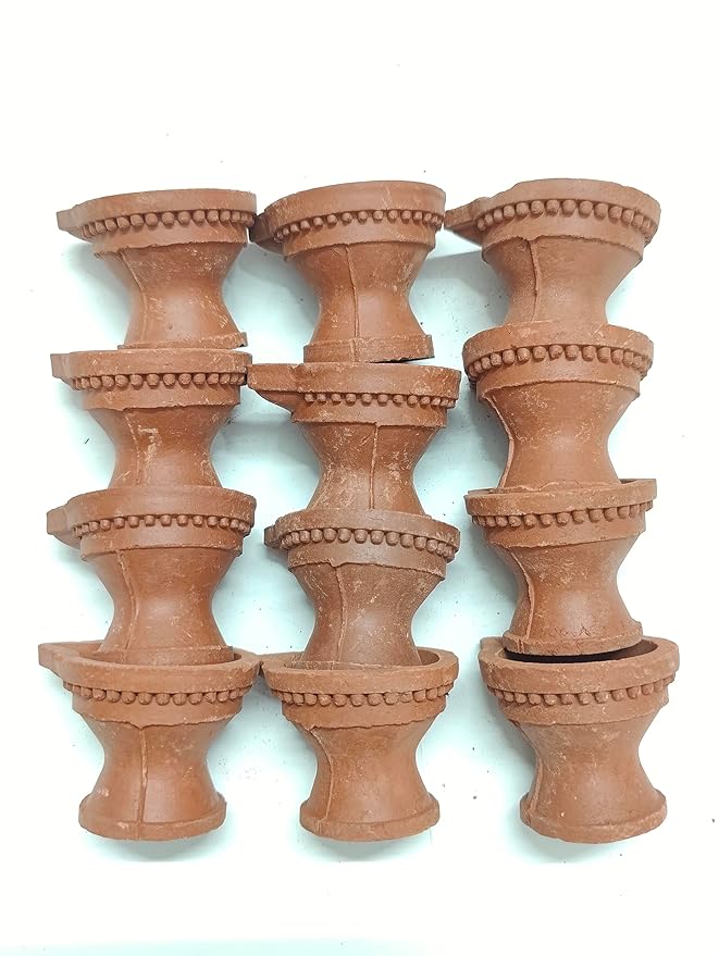 Desi Mitti Stand Diya (Set of 6) with Free Cotton Wicks | Handmade Clay Oil Lamp for Puja & Diwali | Made in India 🇮🇳 | Height 4 cm, Upper 5.5×5 cm