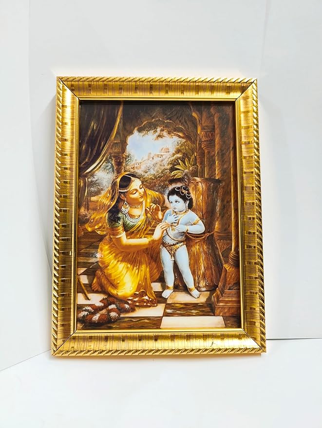 Daily Bhagavatam, Yashoda Damodar Leela Photo Frame, Divine Krishna Love Wall Art, Gold Decorative Frame for Home Temple and Pooja Room, Traditional Spiritual Decor Without Glass